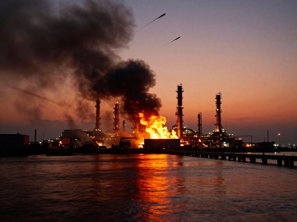 Oil refinery towers engulfed in flames and black smoke at dawn, with contrails crossing a red-orange sky over dark water.