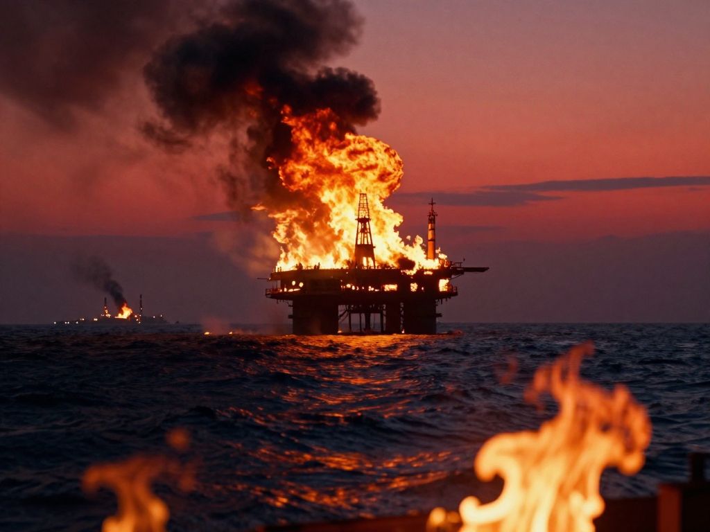 Offshore gas platform engulfed in massive fire, black smoke rising into a blood-red sky above dark Persian Gulf waters