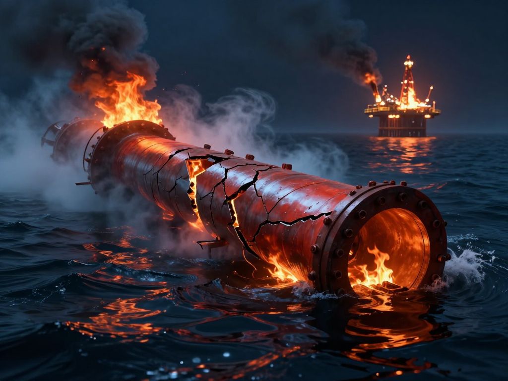 Cracked oil pipeline collapsing into dark strait waters, distant refinery fires casting orange reflections on churning surface