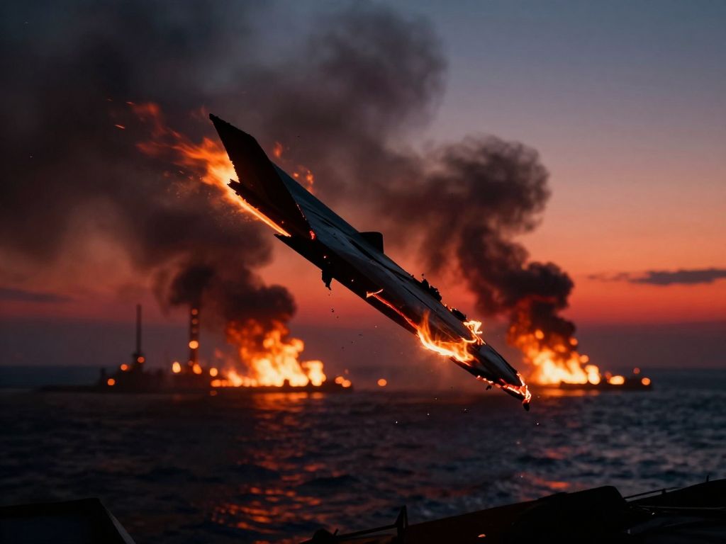 Burning stealth aircraft wing debris falls toward a Gulf horizon lit by oil refinery fires under a crimson smoke-filled sky.