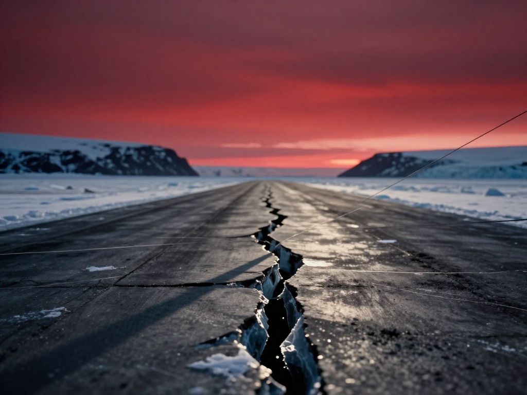 Frost-cracked Arctic runway splitting apart on frozen tundra under a deep red twilight sky, detonation wires trailing into snow