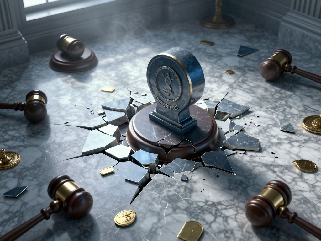 Cracked official seal sinking into shattered marble floor with broken gavels and scattered brass insignia fragments around it