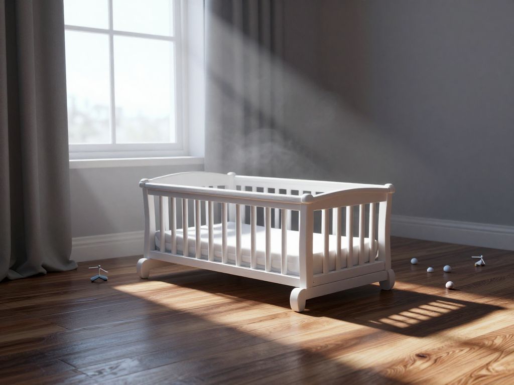 Overturned white wooden baby cradle on dark hardwood floor, scattered pastel mobile pieces, cold morning light through curtains