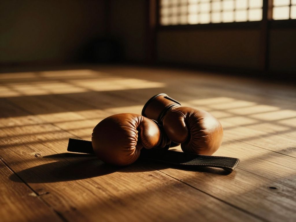 Worn leather sparring gloves and folded black belt resting on aged wooden dojo floor in warm amber light