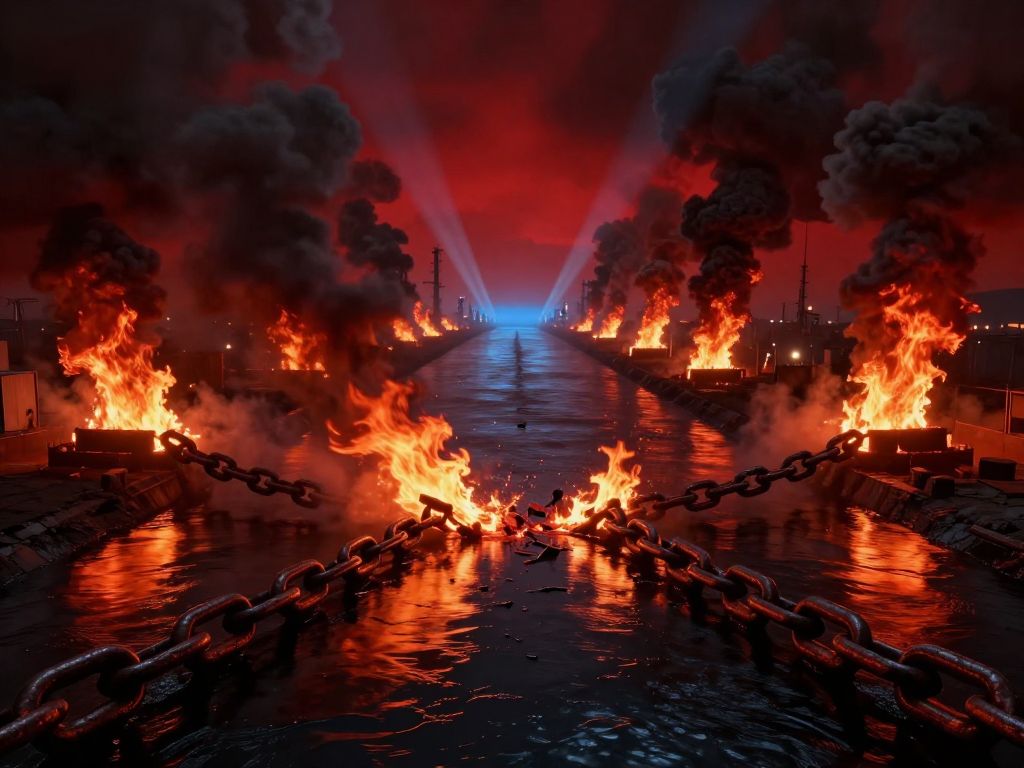 Broken burning chain over dark strait waters, oil fires on both shores, searchlight beams cutting red smoky sky