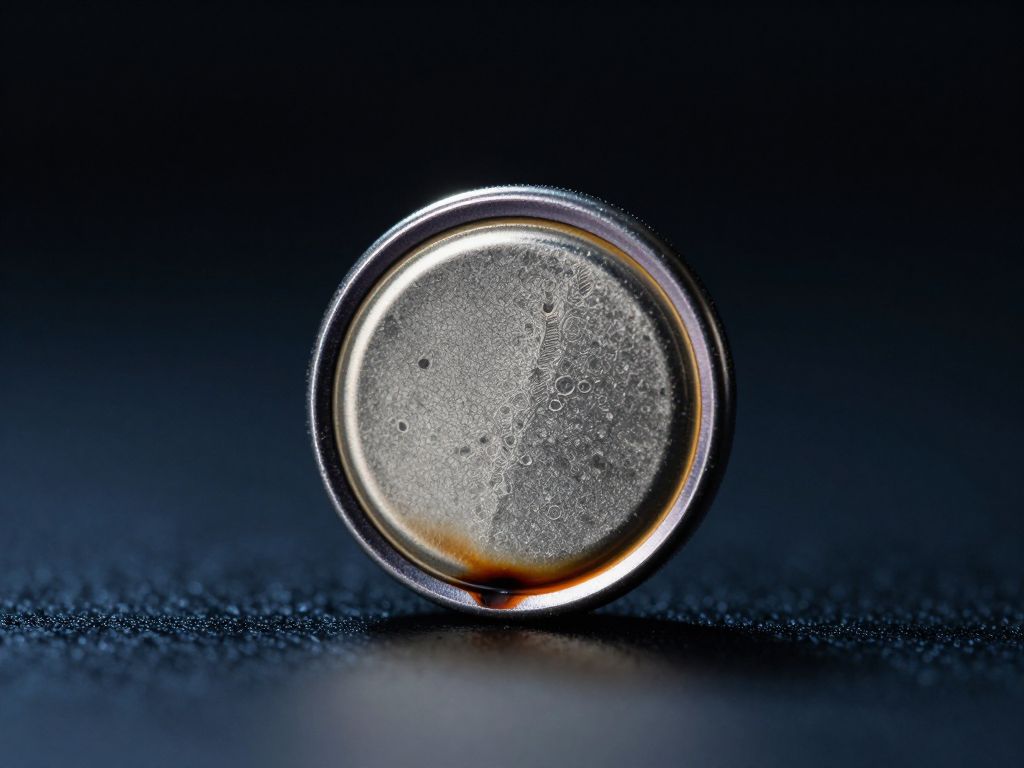 A shiny silver button battery on a dark surface with a spreading corrosive burn pattern radiating outward beneath it.
