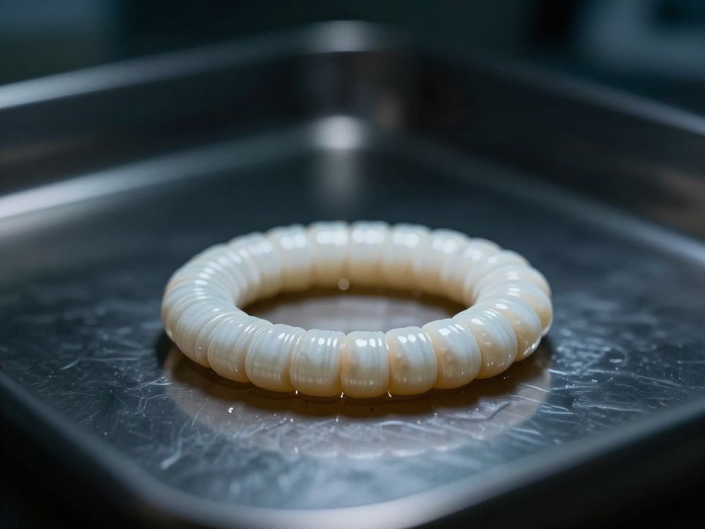 A pale coiled roundworm parasite resting on a dark sterile clinical surface under cold white examination light.