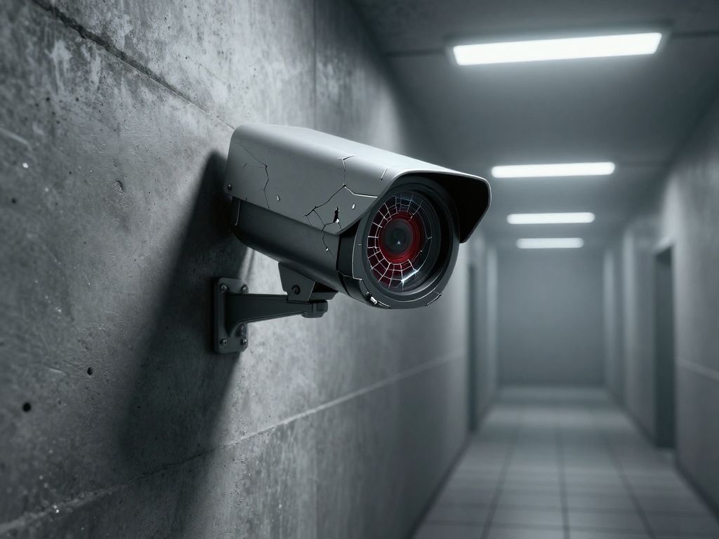 Cracked CCTV camera on bare concrete wall in a dimly lit institutional corridor, fractured lens catching harsh fluorescent light.