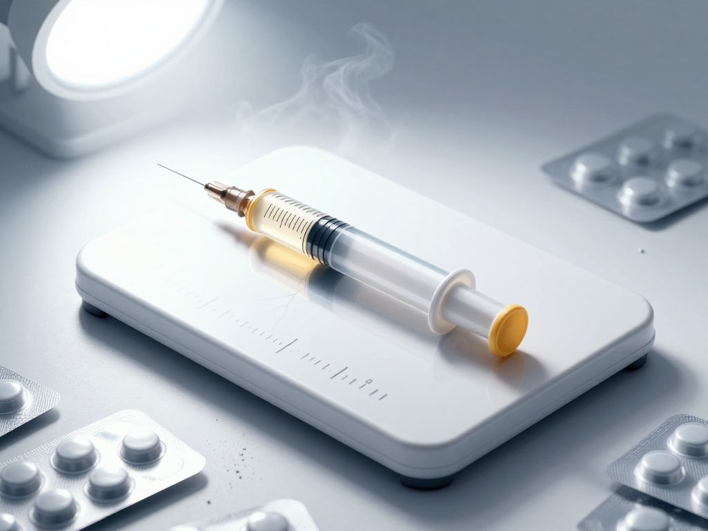 Injection pen beside cracked scale on white surface, scattered blister packs dissolving into dust, deep shadows at edges