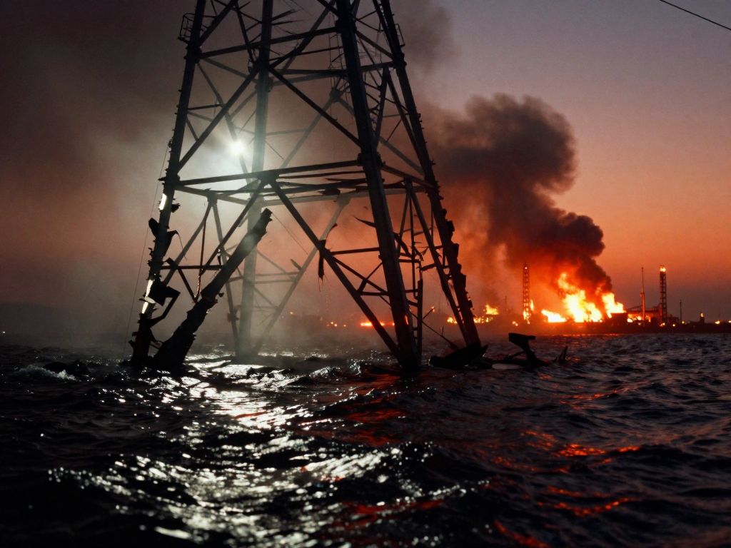 Fractured steel transmission tower collapsing over dark Gulf waters with distant orange refinery fires on the horizon