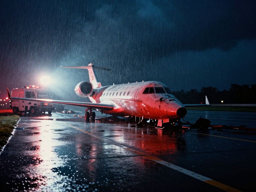 Crumpled jet nose tilted upward on a rain-slicked runway at night, overturned fire truck beside scattered wreckage under floodlights