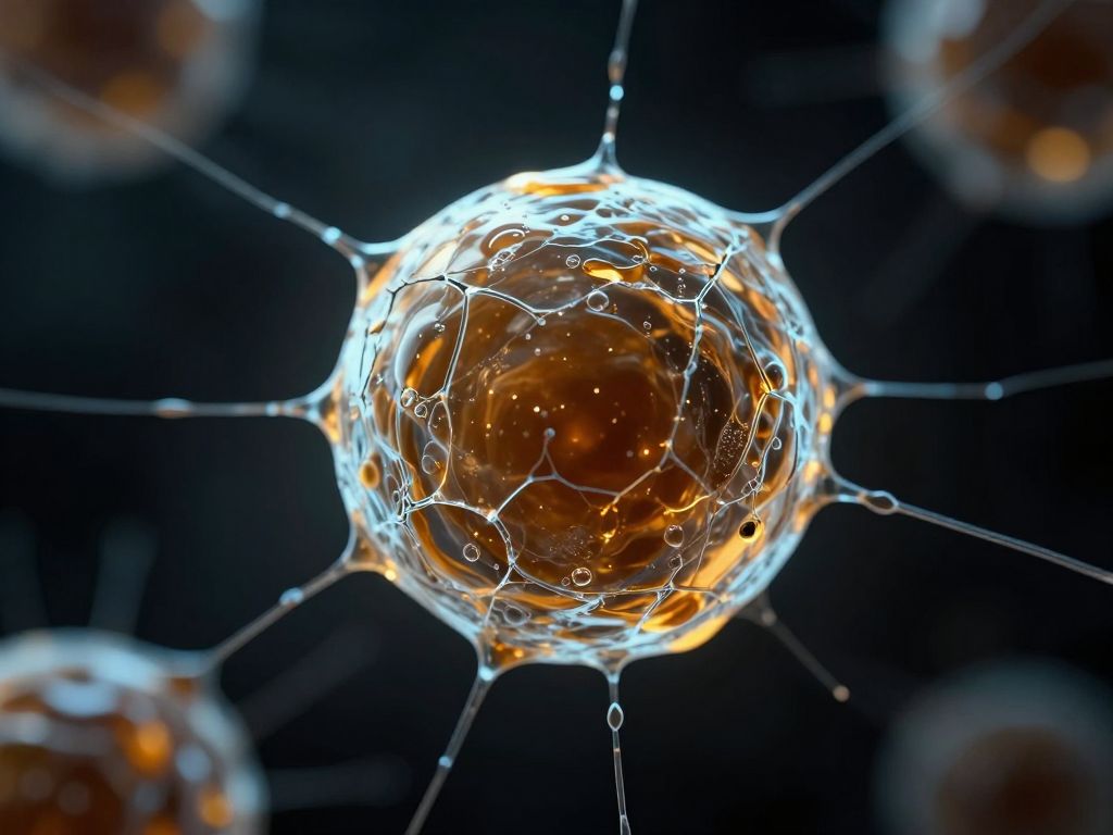 Cracked translucent amber lipid droplet splitting open against a dark background with dissolving blue cellular structures nearby