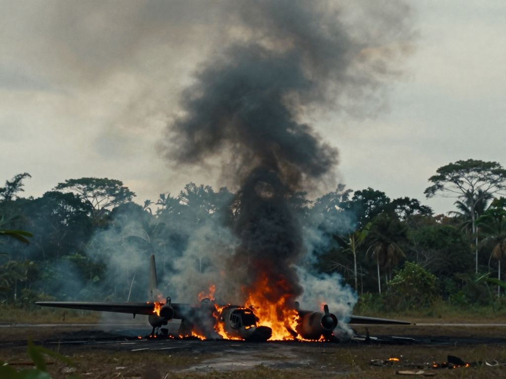 Burning military aircraft wreckage in a jungle clearing with a massive black smoke column rising into an overcast sky