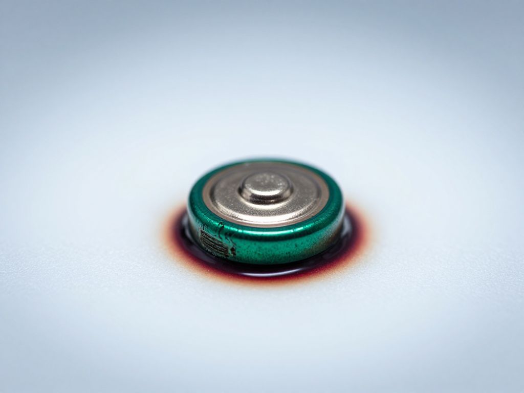 Corroded button battery centered on white surface, surrounded by spreading copper-green chemical burn mark with hairline crack.