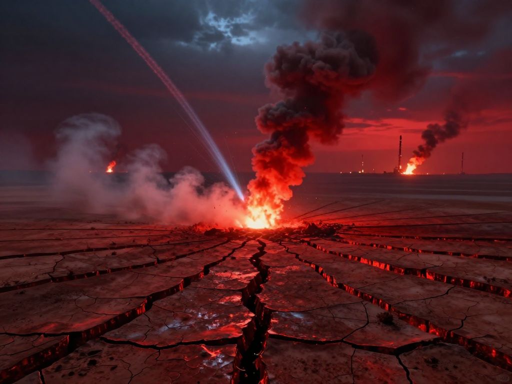 Cracked scorched earth with radial fracture lines beneath missile smoke trails crossing a crimson twilight sky, oil fires glowing on horizon