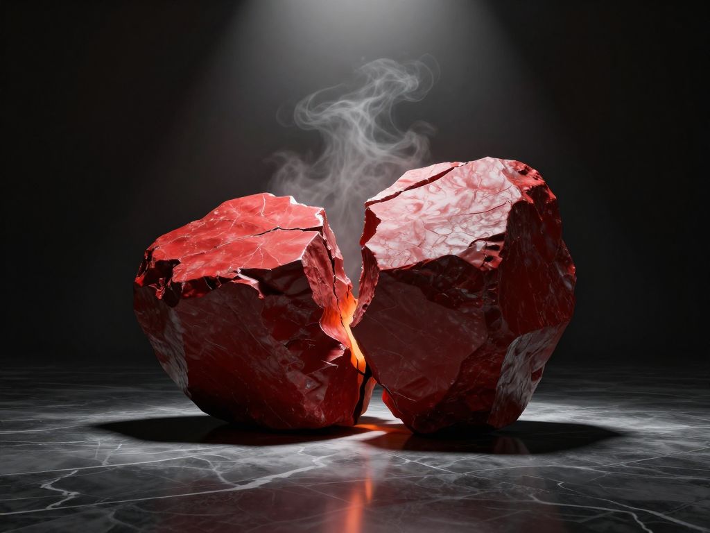 A massive red stone monolith cracking down the center on a cold marble floor, glowing orange light escaping from the fracture.