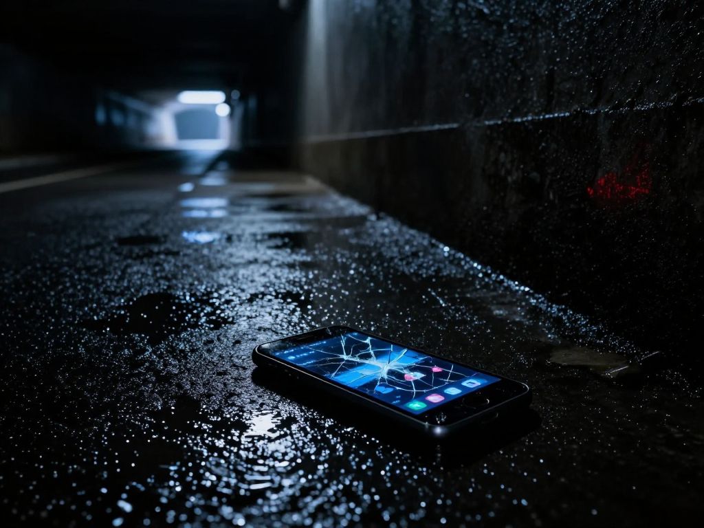 Shattered smartphone face-down on wet concrete in a dark underpass, fractured blue light reflecting off rain-slicked surface