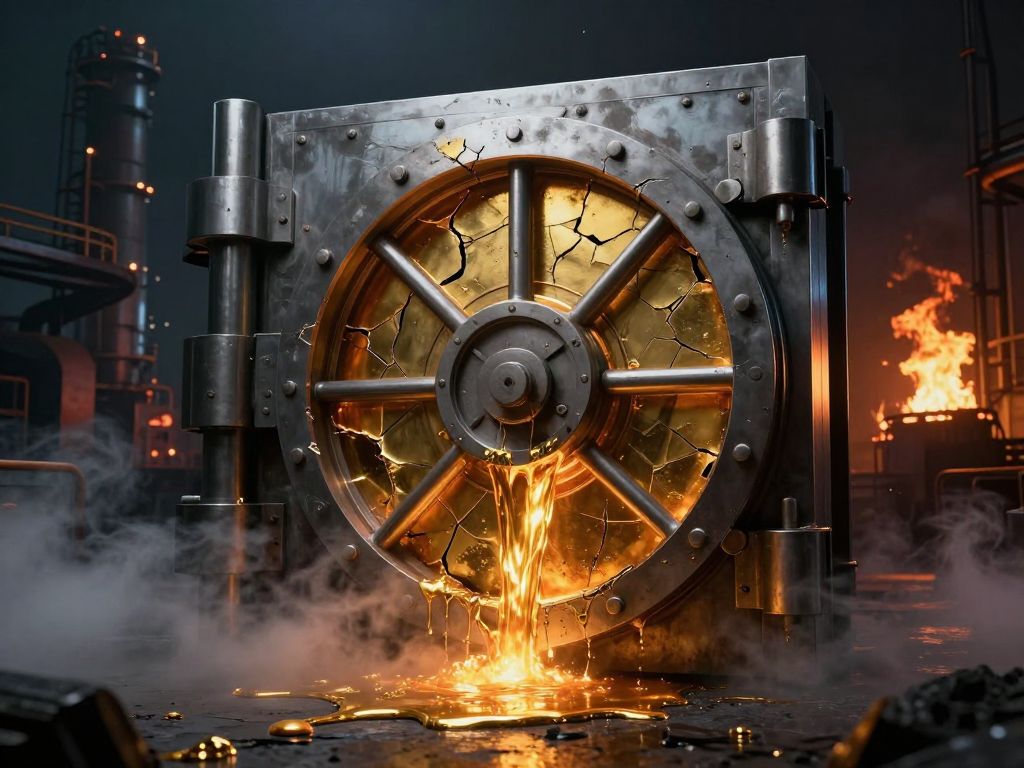 Cracked steel vault door with molten gold spilling into black oil smoke against a dark industrial backdrop with distant fire glow