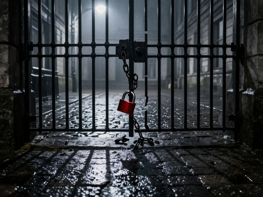Broken padlock on rusted iron gate, chains on wet cobblestones, fog-filled courthouse courtyard at dusk