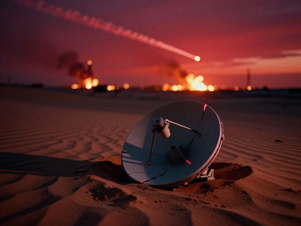 Cracked satellite dish in scorched desert sand under a crimson sky crossed by missile smoke trails, distant fires on the horizon