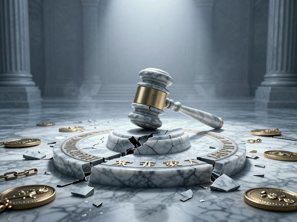 Cracked marble gavel on fractured legislative seal, scattered badges and broken chain links on cold marble floor