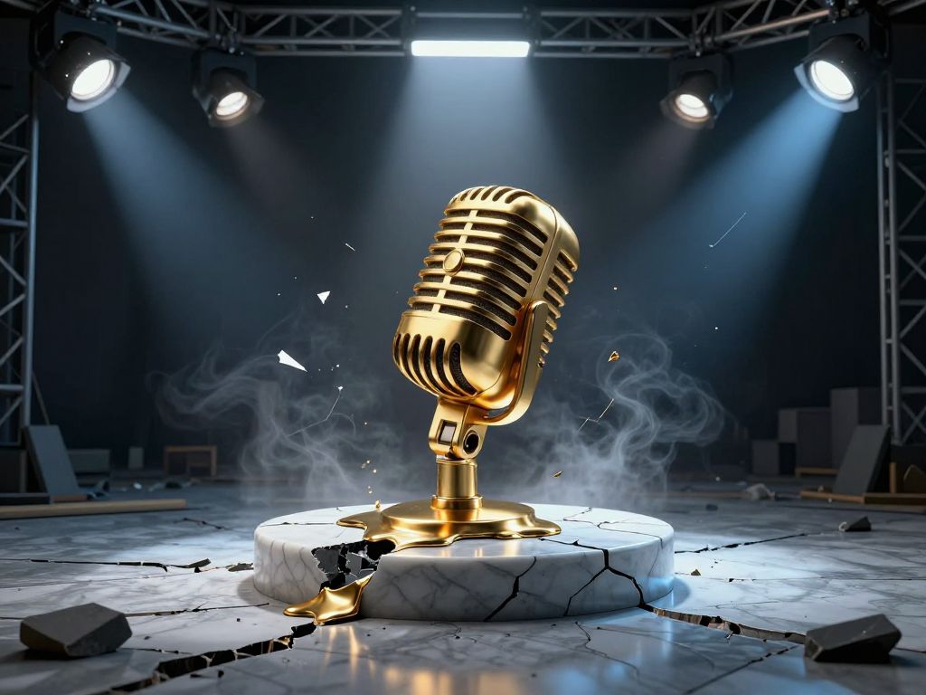 Warped golden microphone melting on cracked marble floor under fractured spotlights in empty dark studio
