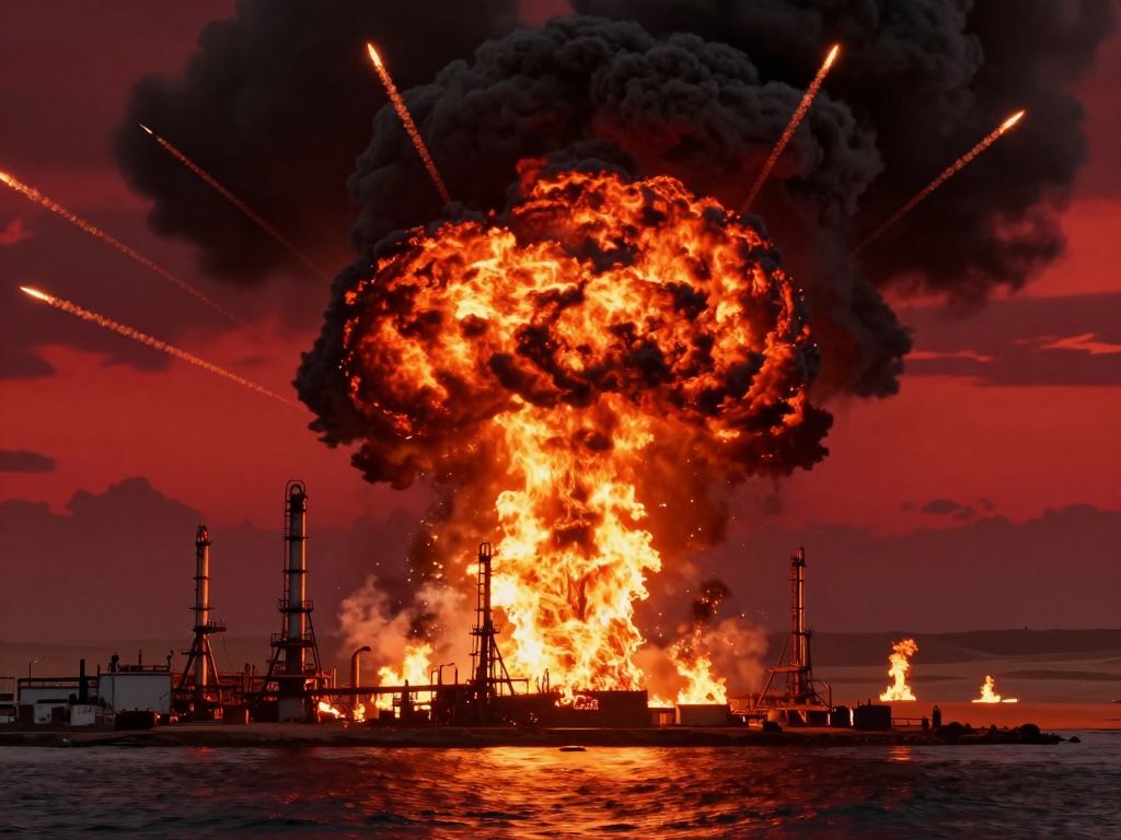 Burning oil refinery with towering black smoke and missile contrails crossing a crimson twilight sky over desert coastline