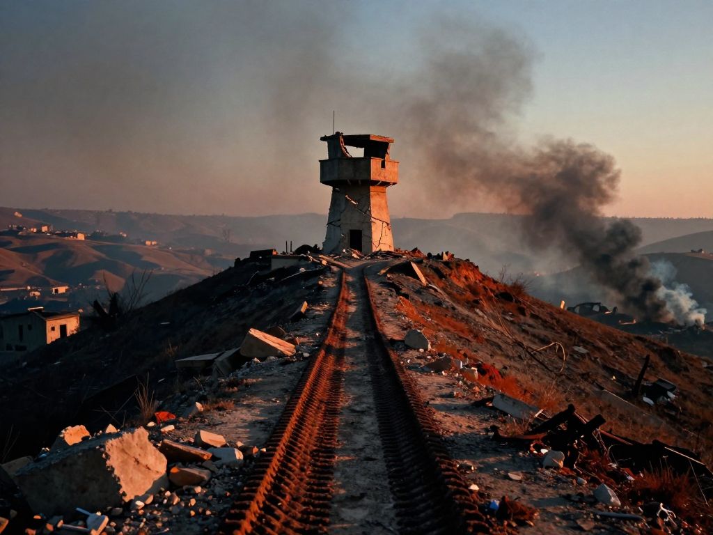 Shattered concrete watchtower on scorched hilltop, black smoke columns rising from ruined valley below, deep tank tracks in ash