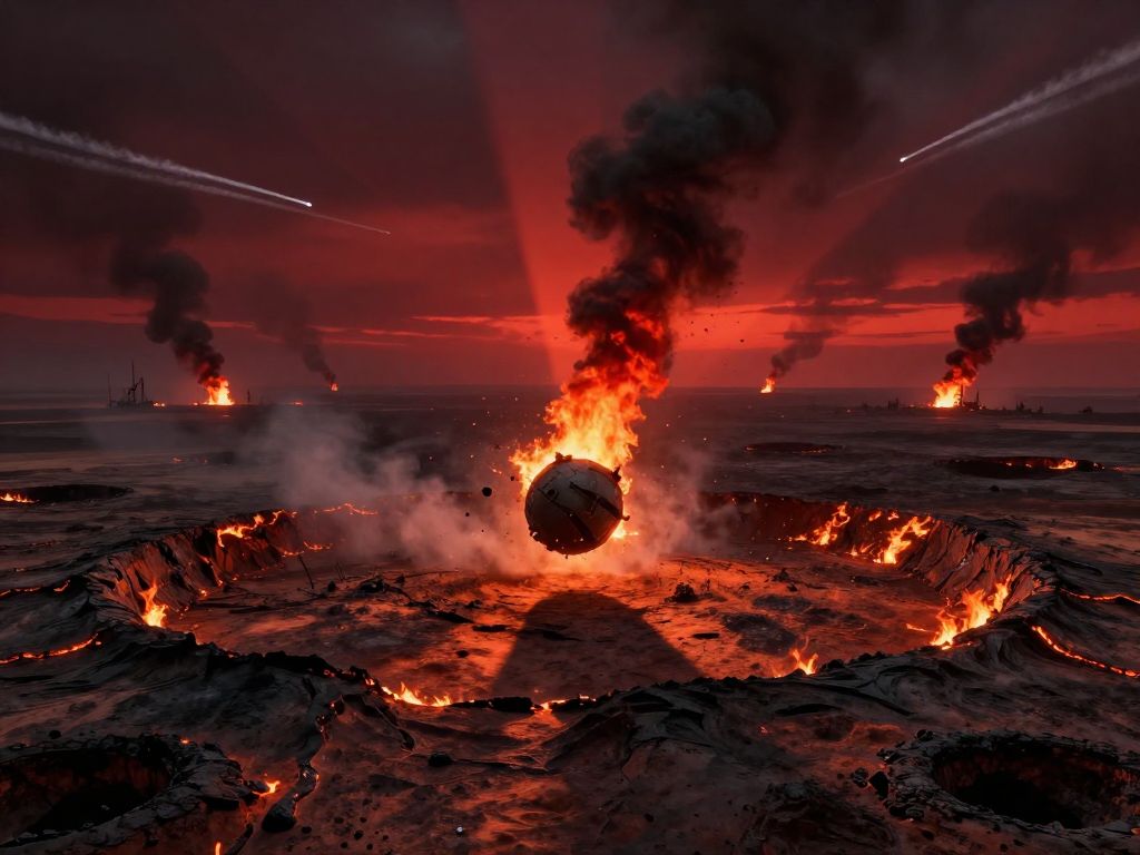Scorched desert craters beneath crimson sky with black smoke columns and white missile contrails crossing the horizon
