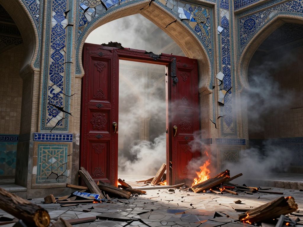 Charred palace doors shattered across ancient mosaic courtyard, ash and debris covering centuries-old geometric tilework beneath cracked archways.