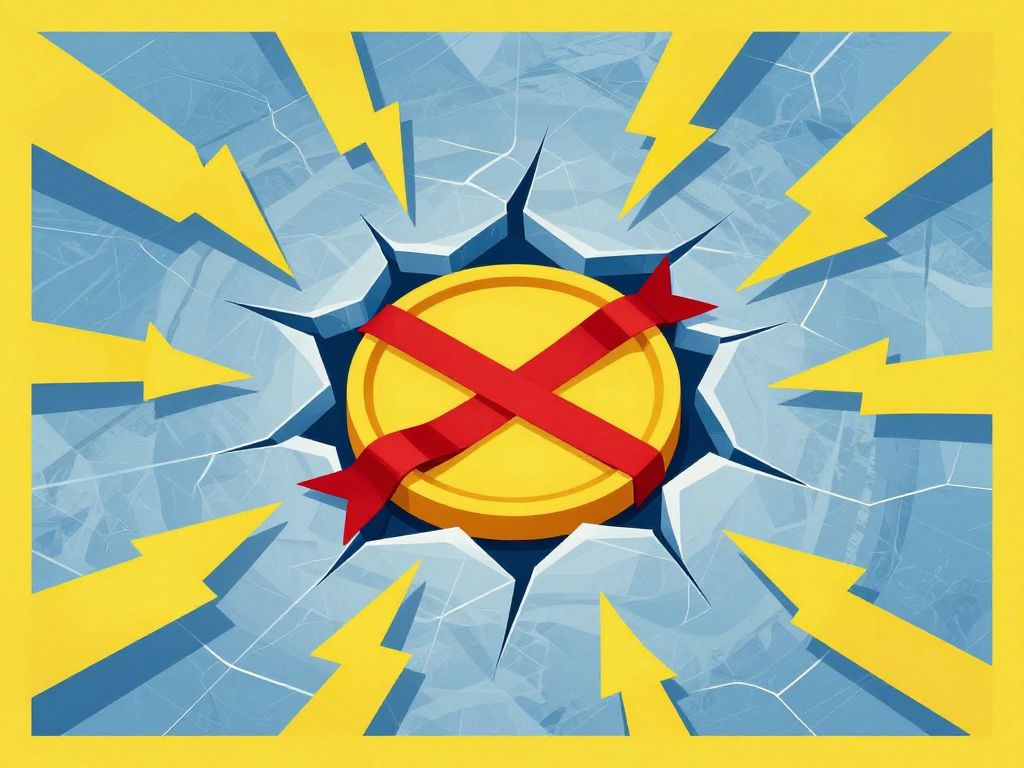 Cracked circular seal in shattered marble floor with yellow lightning bolts scattered around a severed red ribbon cutting through the fracture