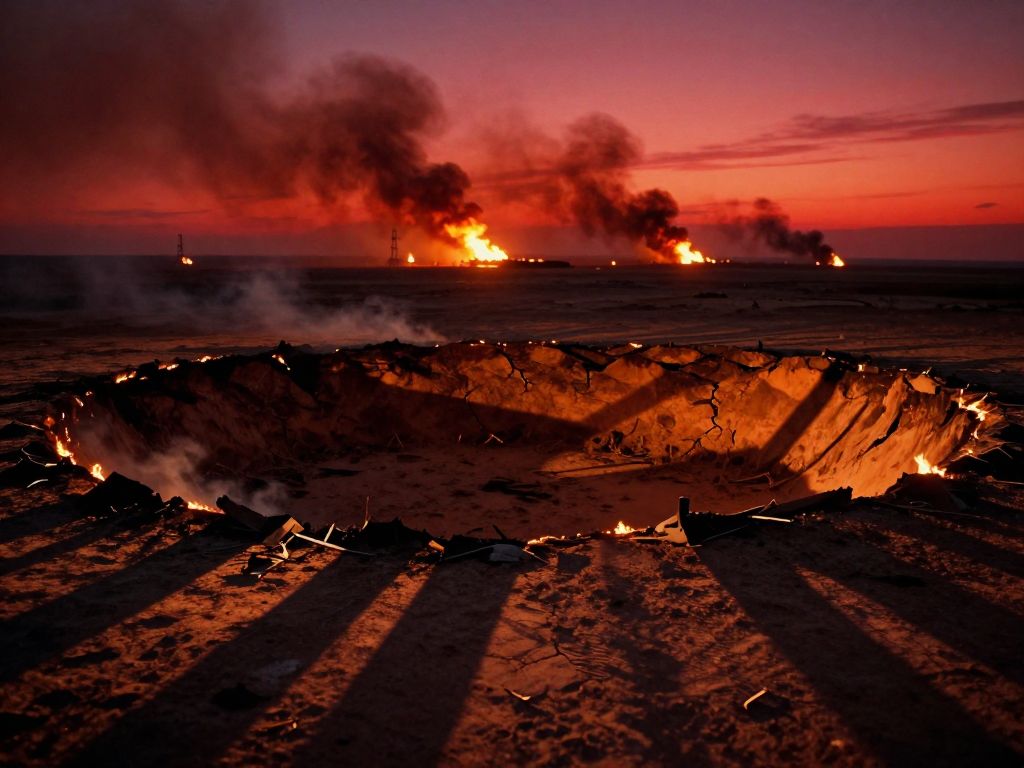 Deep crater in scorched desert sand, twisted metal debris at rim, distant oil towers burning, missile smoke trails cross red twilight sky