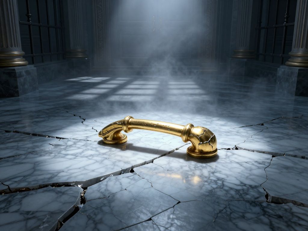 Broken golden door handle on cracked marble floor with iron bar shadows and withered petals in a dark grand interior.
