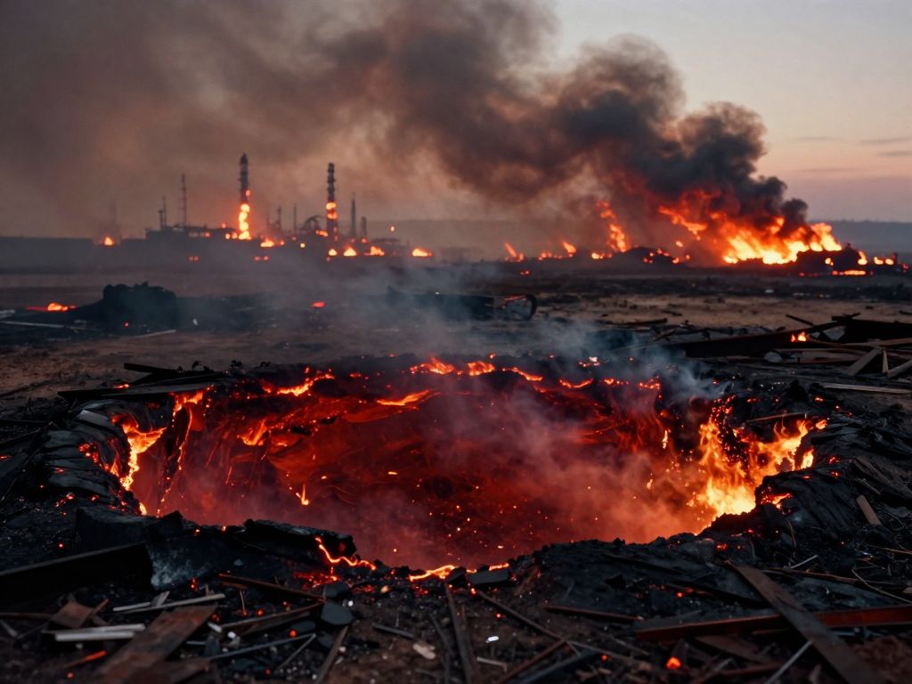 Deep smoldering crater in desert sand with twisted metal debris, distant oil refinery fires burning under heavy smoke-filled red sky