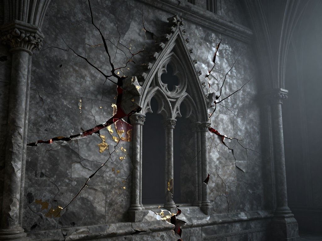 Crumbling stone crest on gothic boarding school wall, deep cracks radiating outward, peeling gilt detail, dark corridor behind