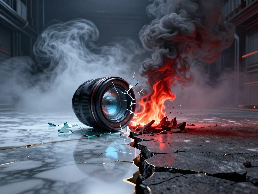 Shattered camera lens on cracked floor, one half reflecting calm shelves, other half reflecting distant fire and smoke.