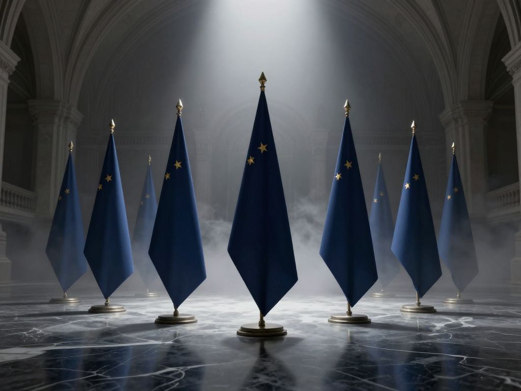 Six folded triangular flags in a symmetrical row on dark marble under a cold shaft of volumetric grey light in a vaulted hall.