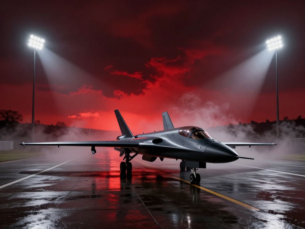Swept-wing bomber on rain-soaked tarmac under floodlights, blood-red storm clouds massing on the dark horizon