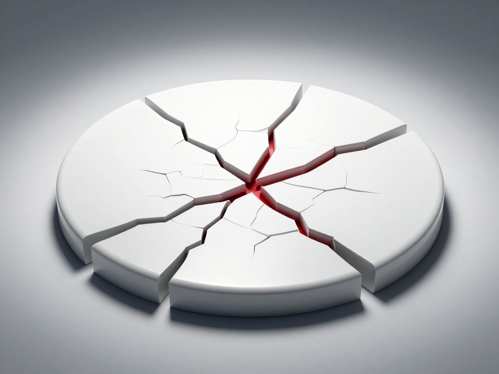 Cracked wax seal on fractured clinical white surface with deep shadows and a thin vein of crimson running through the break