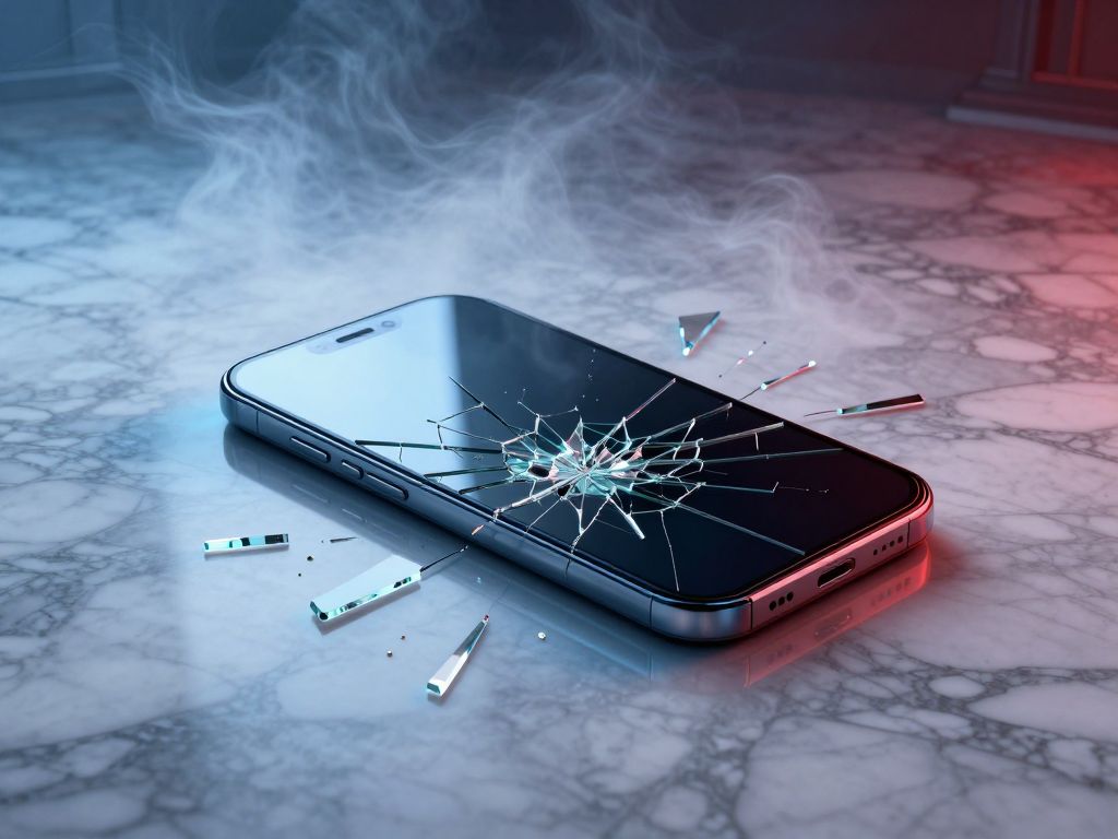 Shattered smartphone face-down on polished marble floor, crack lines radiating outward, reflecting fragmented red and blue light.