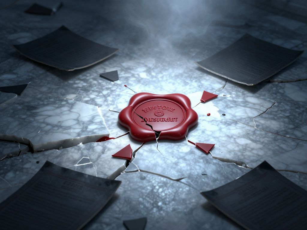 Cracked wax seal on fractured marble floor with scattered black document fragments and broken stone tiles in shadow
