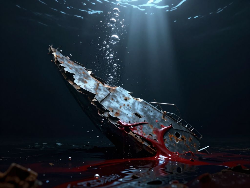 Torn steel warship hull sinking into dark ocean depths, debris and oil slick lit by cold filtered light from above.