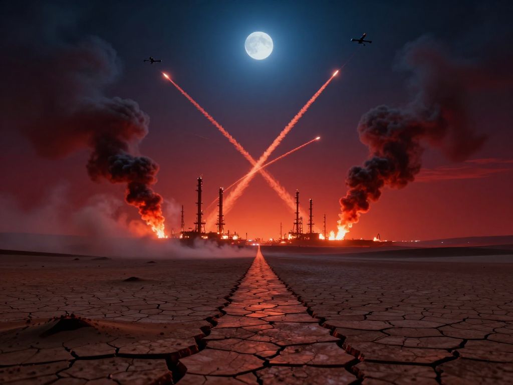 Drone smoke trails crossing a blood-red sky above burning oil refineries reflected in cracked desert ground at night