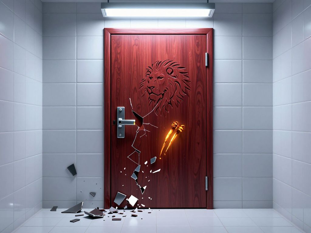 Cracked bathroom door with broken lock, shattered metal fragments on white tiles, lion claw marks scratched into wooden door surface