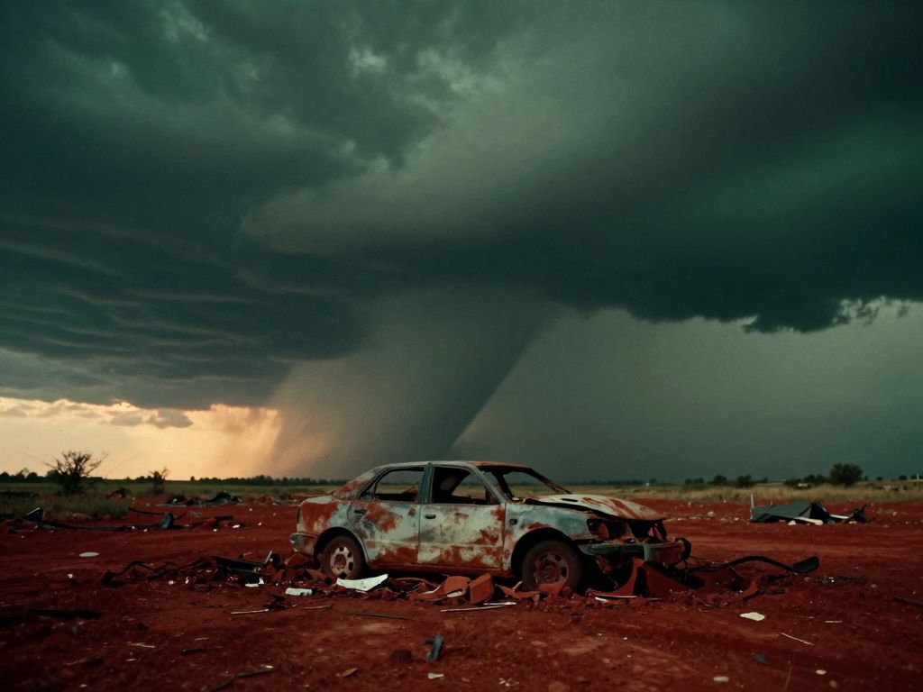 Overturned vehicle buried in debris on flattened Oklahoma plains beneath a dark green churning storm sky with distant funnel cloud