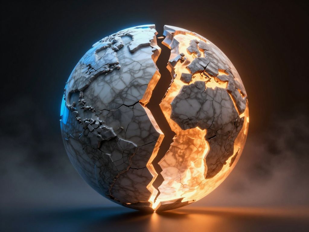 Fractured marble globe splitting apart with one half glowing cold blue and other burning amber-orange over black void