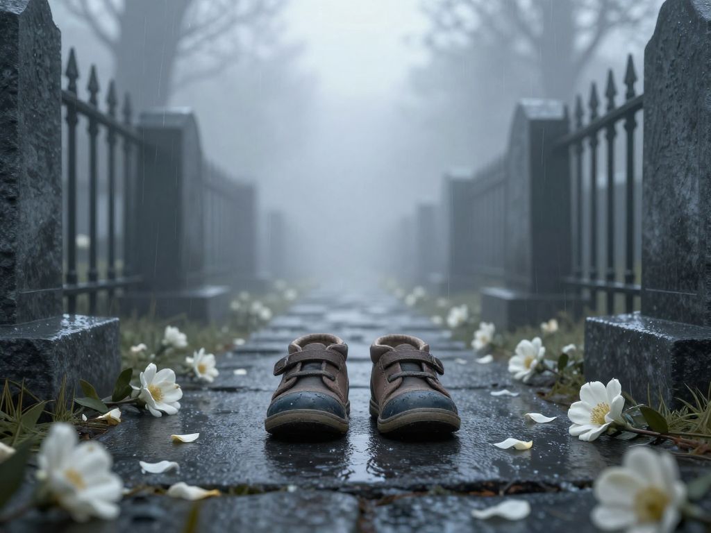 Two small children's shoes on rain-soaked stone beside wilting white flowers and melted candle wax in foggy cemetery.