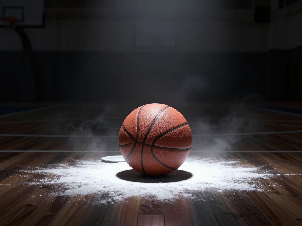 A basketball rests on dark hardwood beside an overturned plate, white powder scattered across the floor in dim light.