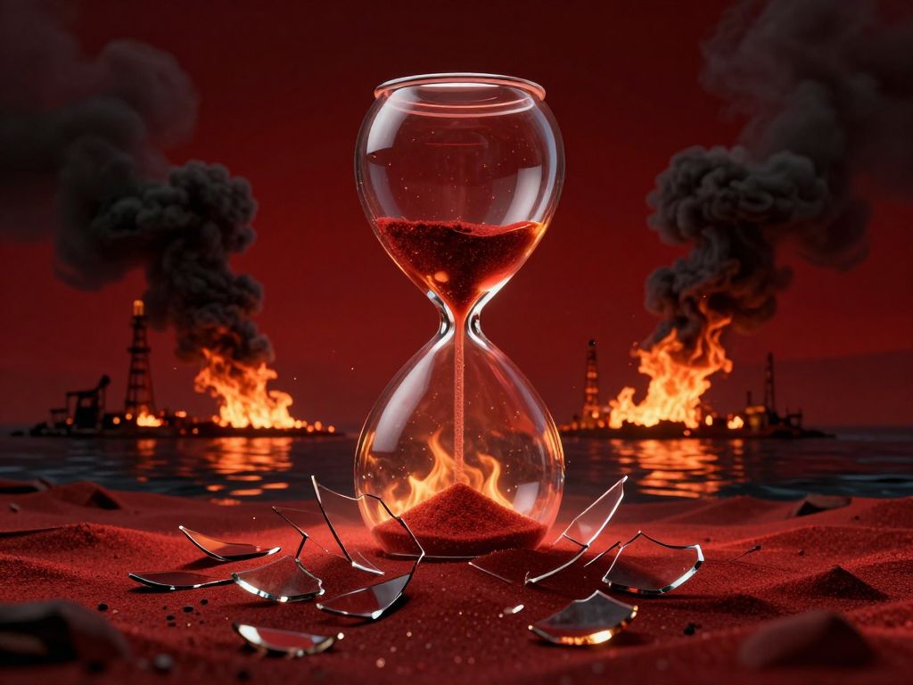 Cracked hourglass spilling red sand over burning oil refinery fires reflected in dark strait waters under a crimson smoke-filled sky