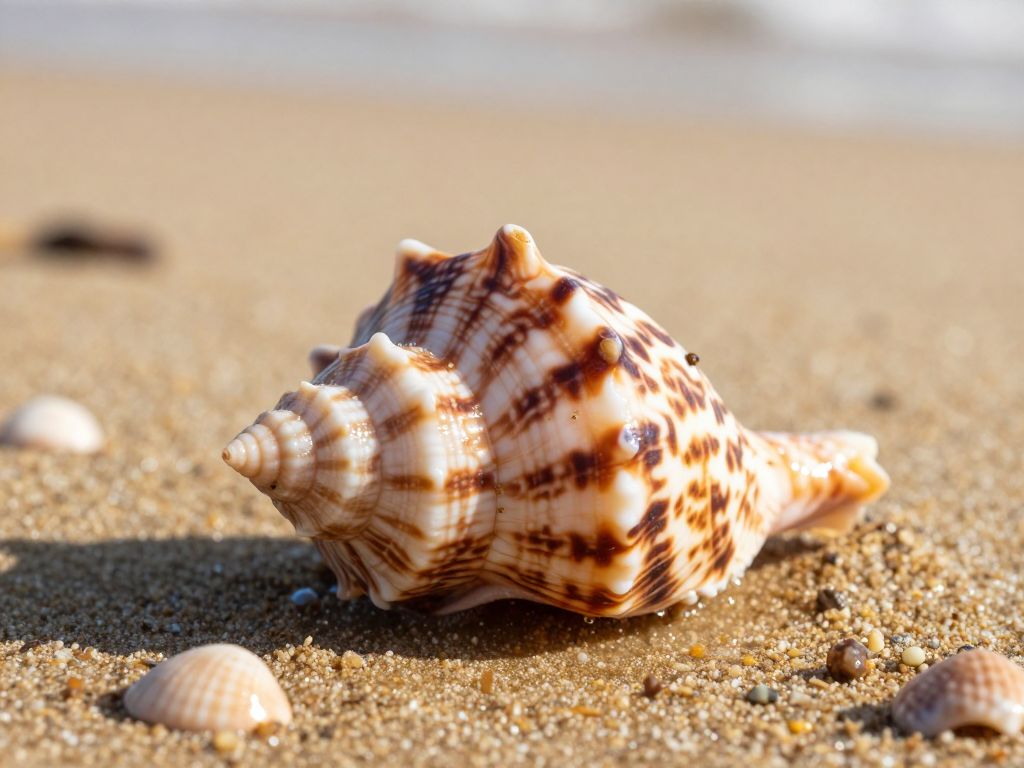 A patterned cone snail shell half-buried in wet golden sand surrounded by harmless shells at a Red Sea shoreline.